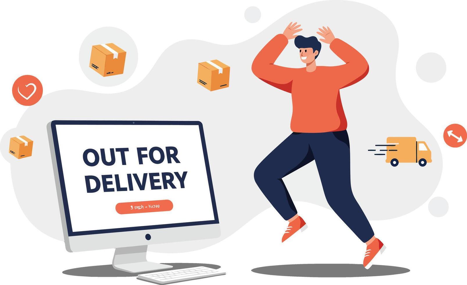 Online delivery notification with excited man celebrating package arrival and computer screen illustration vector
