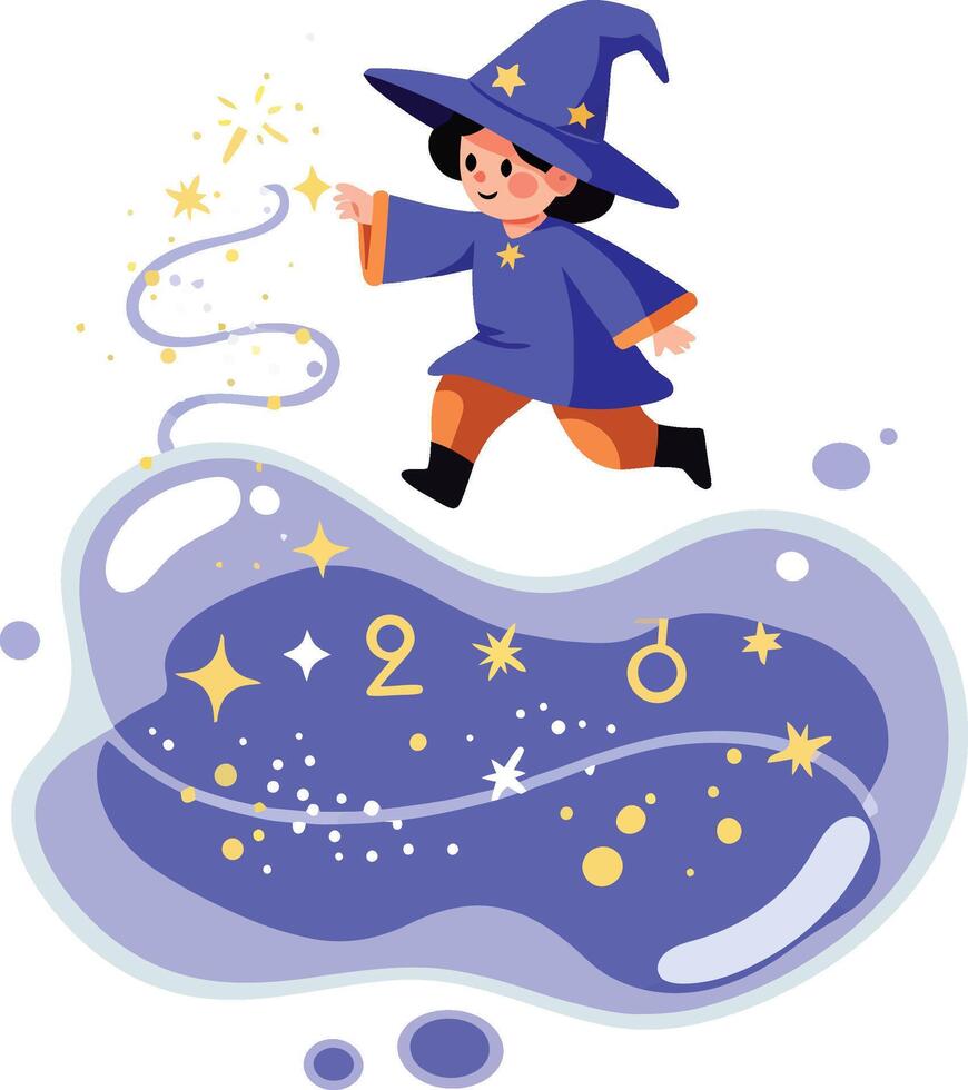 Young wizard casting magic spell with stars and planets floating in purple space illustration vector