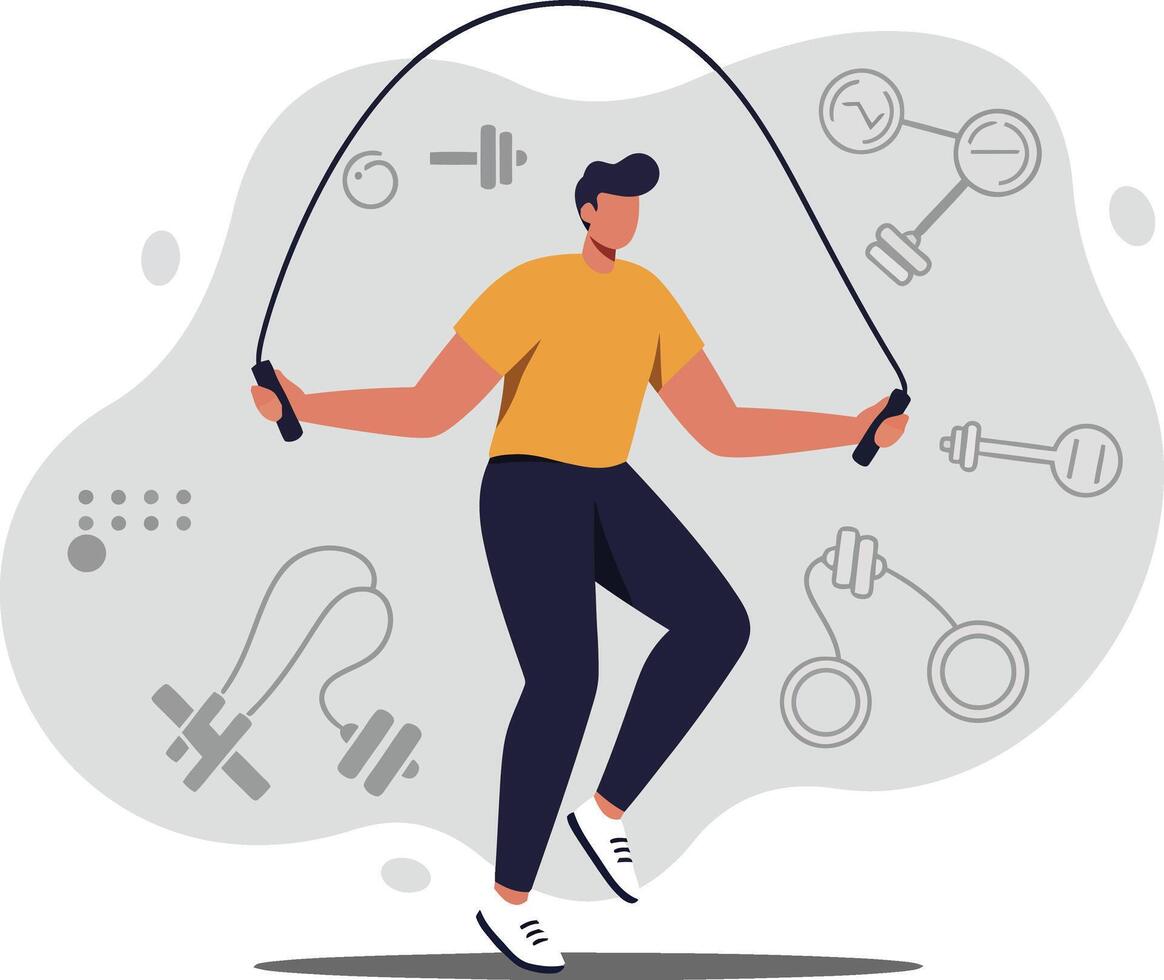 Man jumping rope fitness exercise with gym equipment icons illustration for healthy lifestyle and workout routine vector