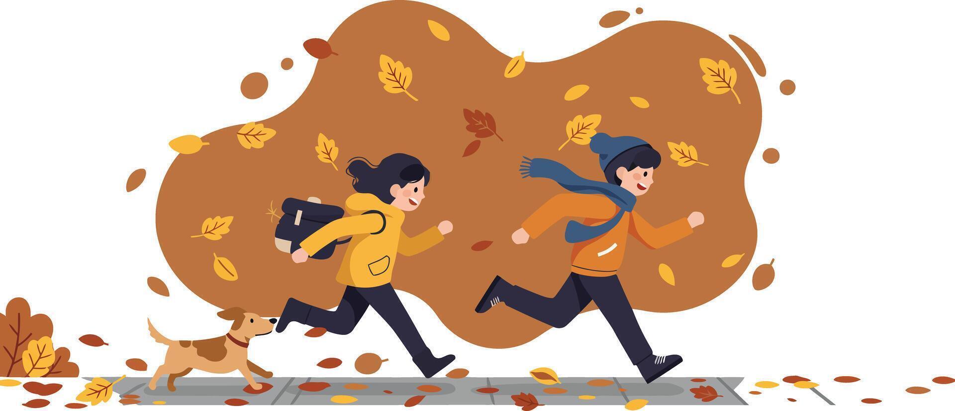 Children running with dog in autumn park with falling leaves and warm clothing illustration vector