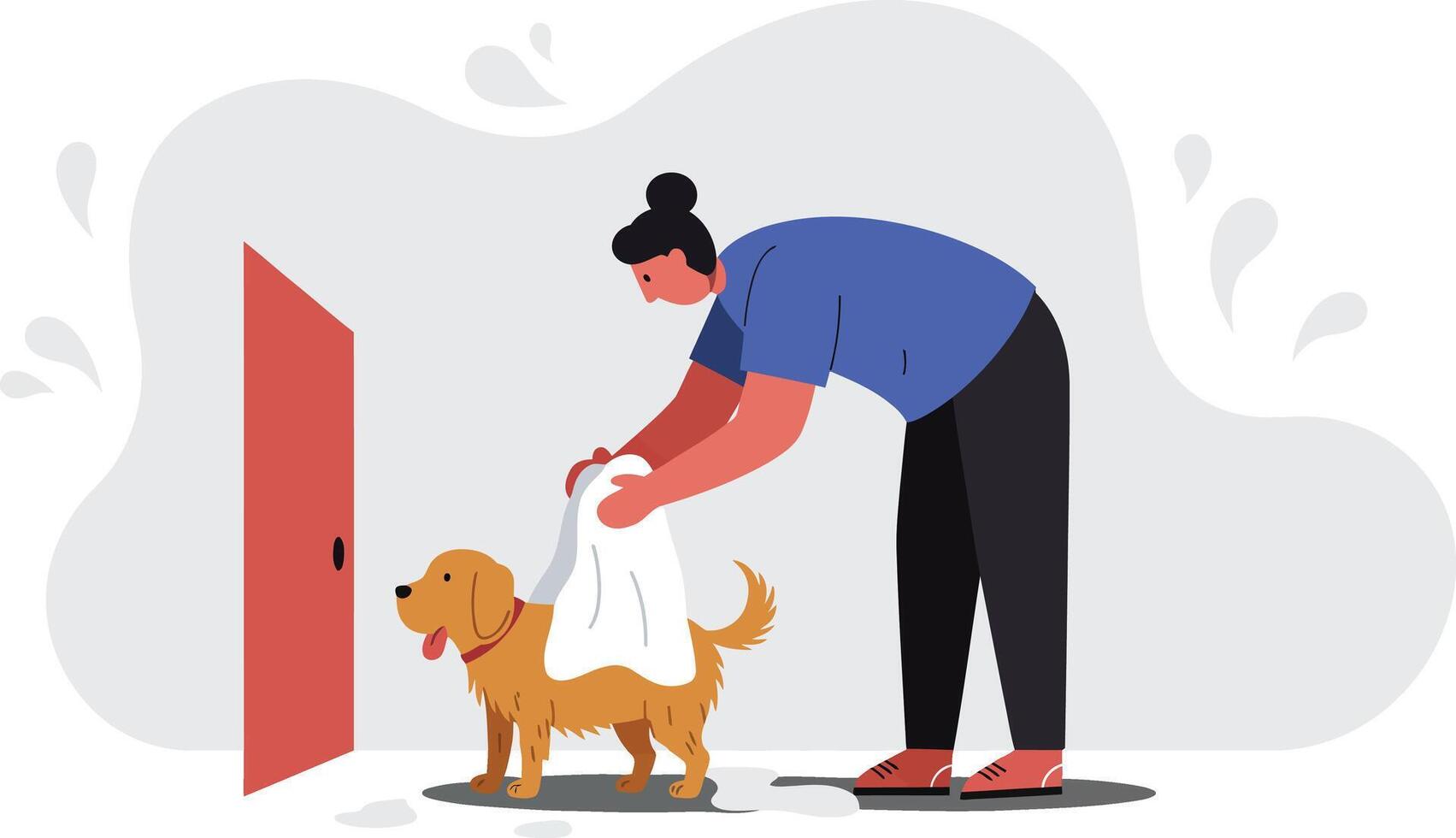 Person grooming dog with towel after bath in home setting illustration vector