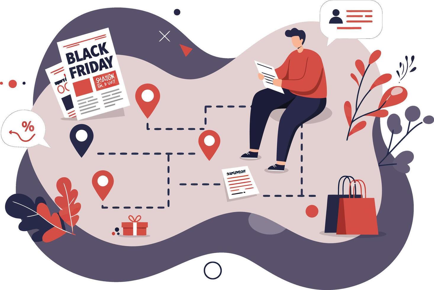 Black Friday shopping map and person using digital device for online deals and navigation with location pins and gifts vector