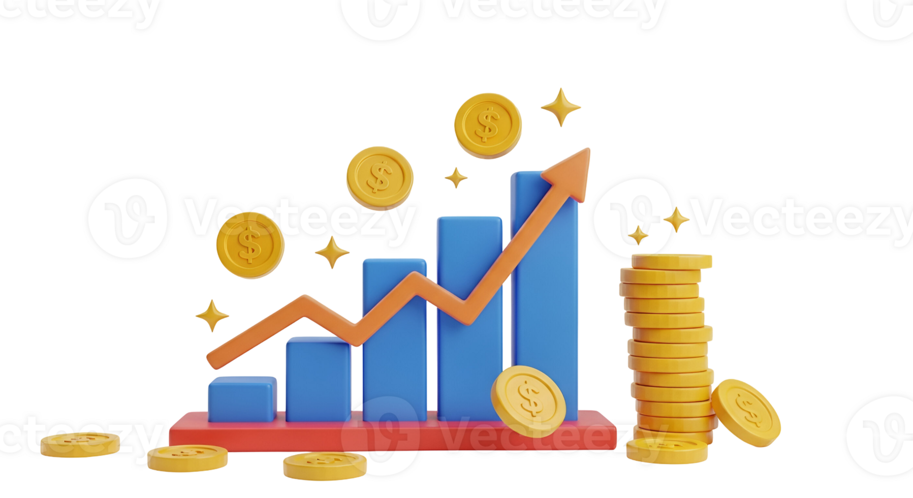 3D Render of Business Growth Chart with Golden Coins and Bars on Transparent png
