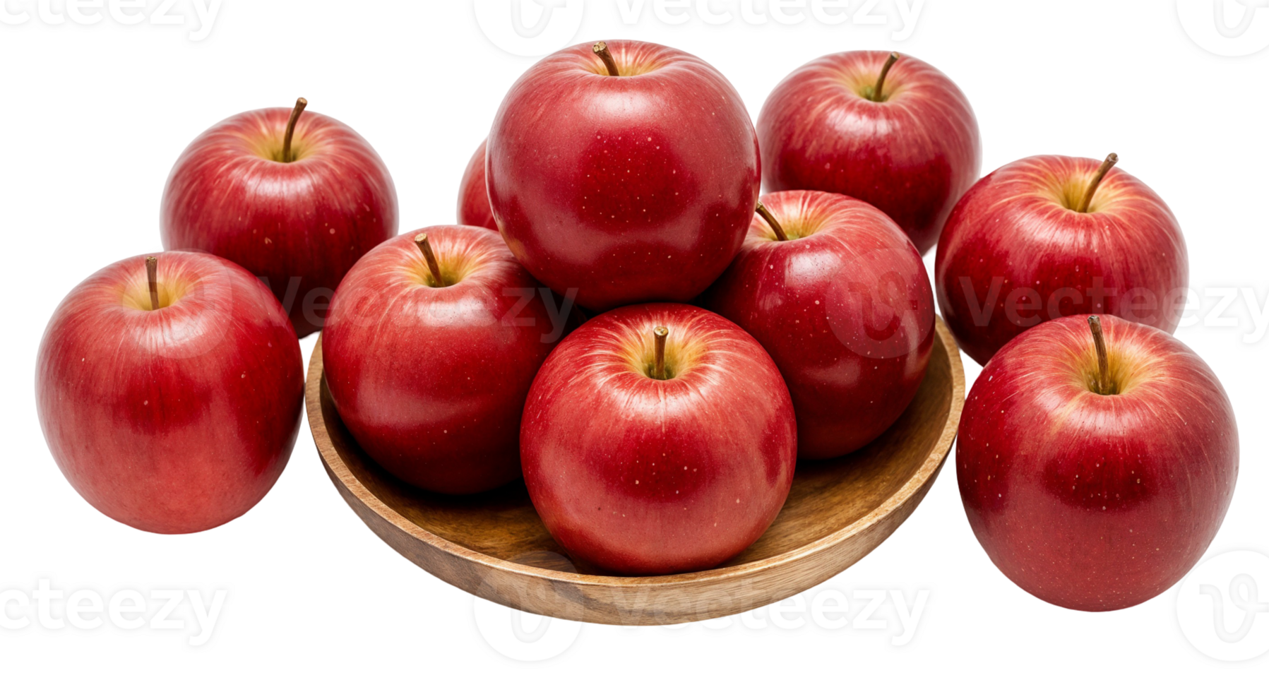 Red Apples Piled in Wooden Bowl on Transparent Background png