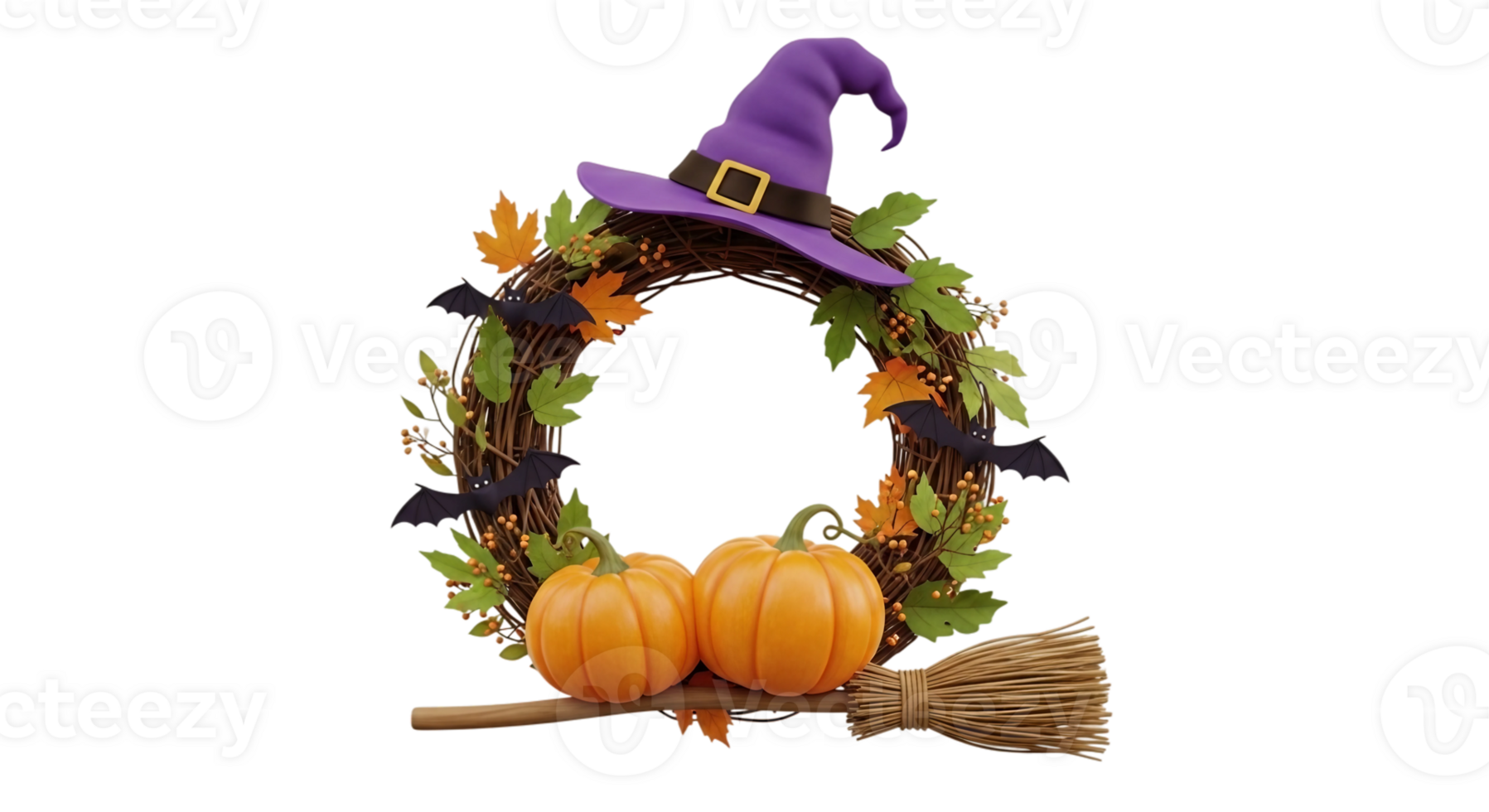 3D Rendered Halloween Wreath with Pumpkins and Witch Hat png