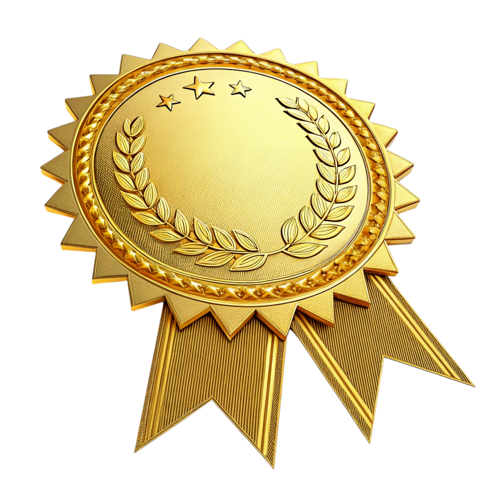 3D golden award badge with shiny reflective surface embossed edges and ribbon tails png