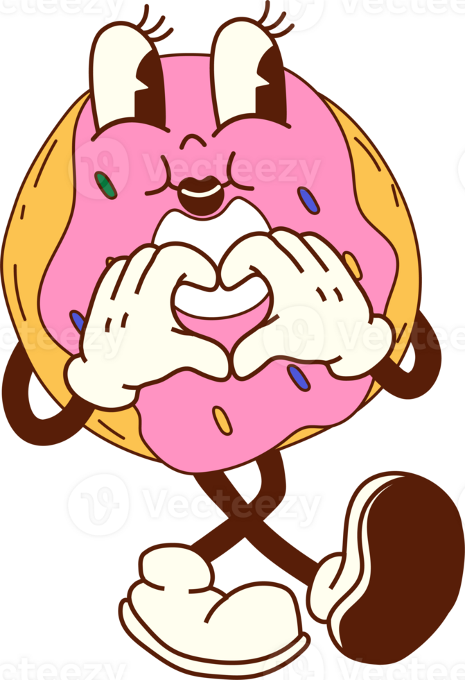 Cartoon donut character walking through a lively breakfast scene, featuring vibrant colors and a groovy, fun design png