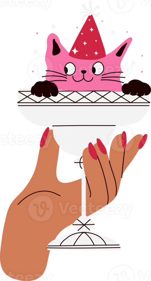 A funny cat sitting inside a martini glass, adding a touch of humor to the scene. png