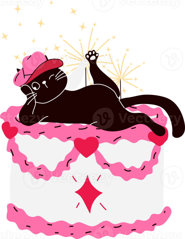 An adorable cat sitting on a pink party cake, celebrating the fun party time. png
