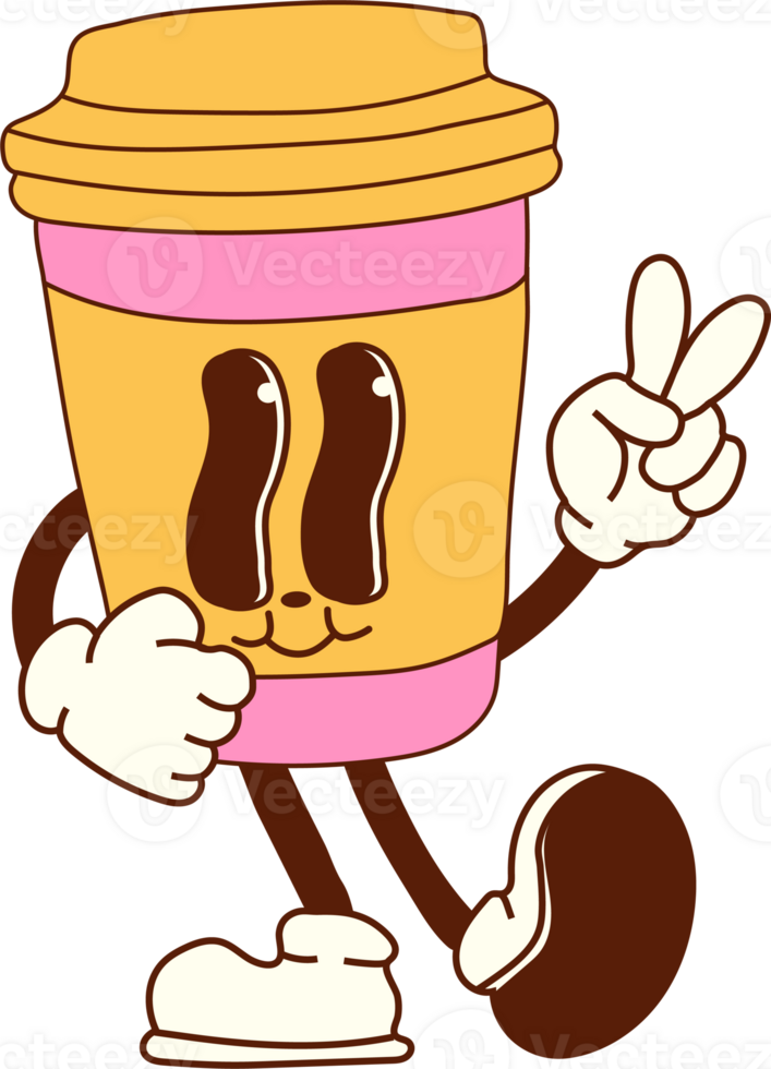 Cartoon coffee character walking through a lively breakfast scene, featuring vibrant colors and a groovy, fun design png