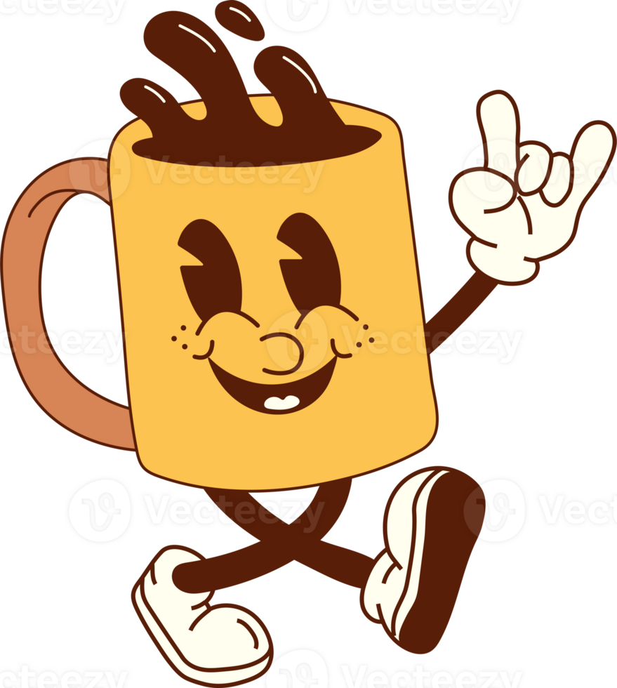 Coffee Cup Character on the Go. Groovy Morning Walk png
