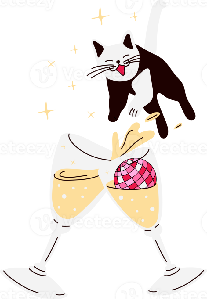 A cat tumbling into a glass of champagne, adding to the fun and excitement of the party. png