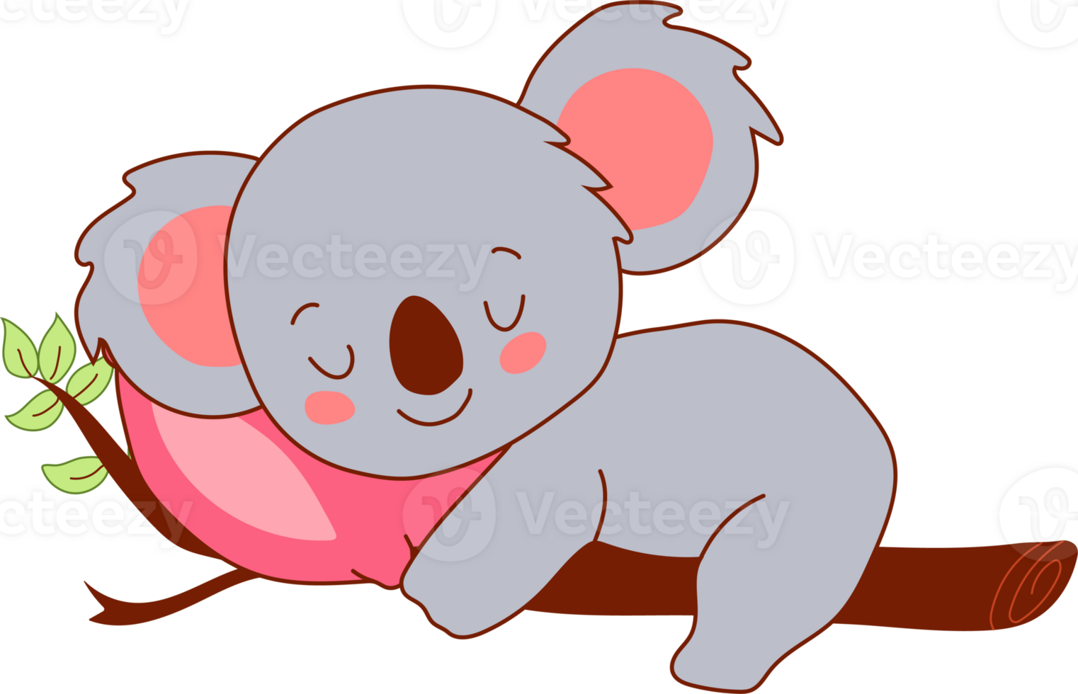 An adorable cartoon koala peacefully sleeping on a branch, resting its head on a pink pillow. png