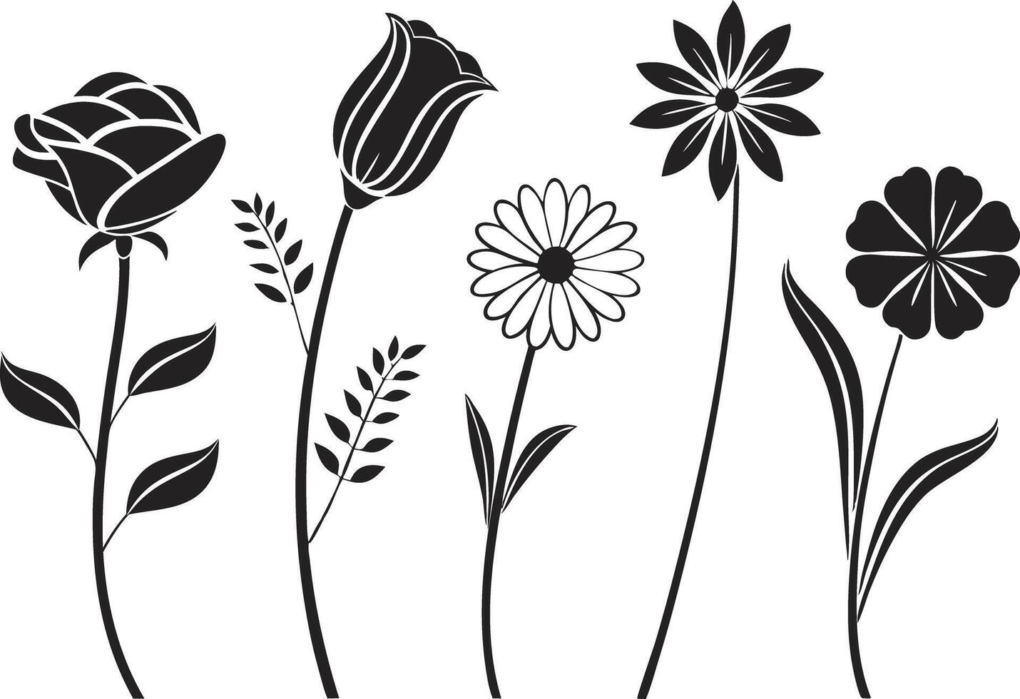 Elegant Floral Icon Set in Black Silhouette Style vector