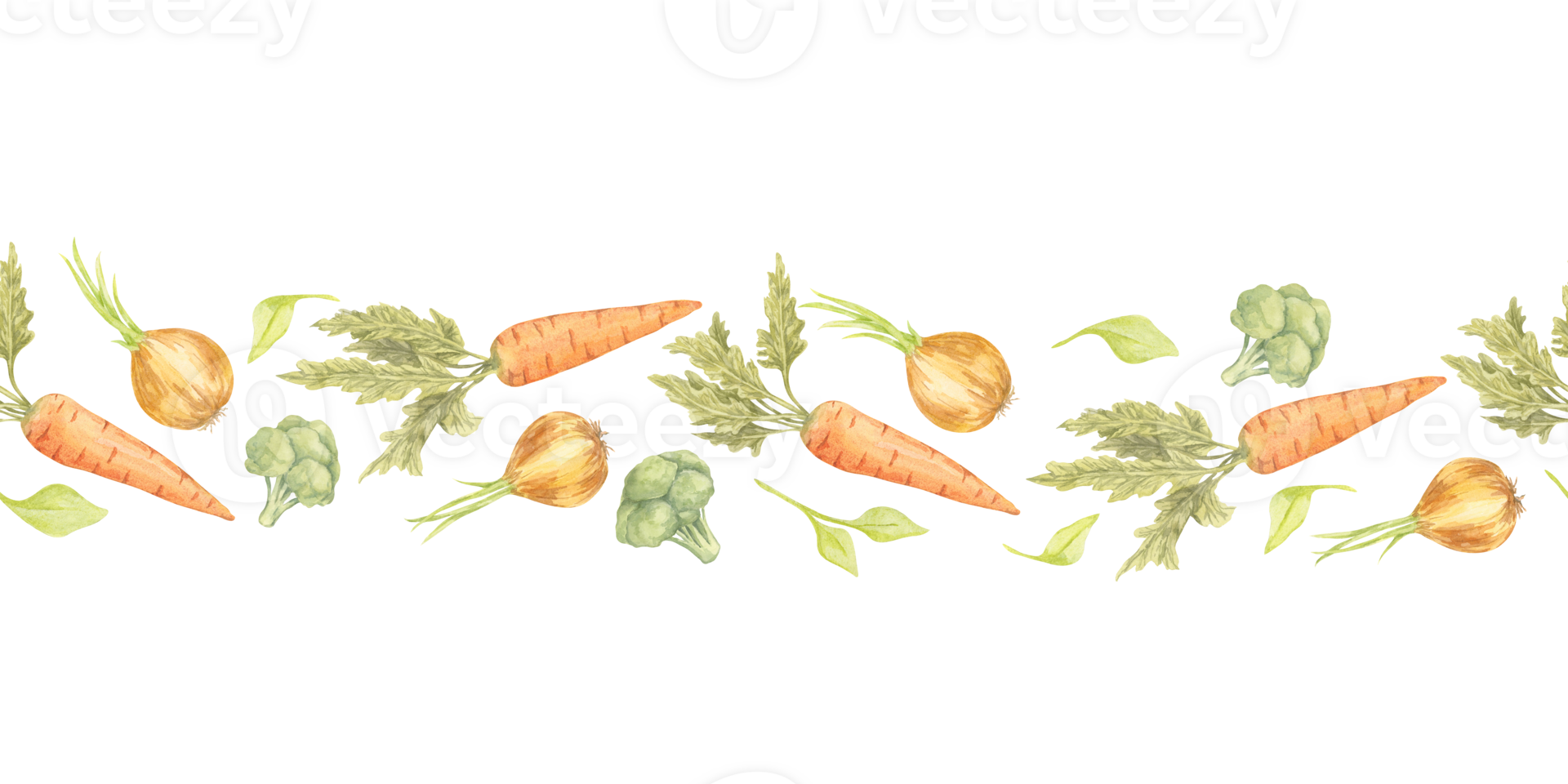 Orange carrots, yellow onions, and green broccoli are arranged in a seamless pattern horizontal watercolor illustration. Perfect for wrapping paper, food blog headers, or eco-friendly branding png