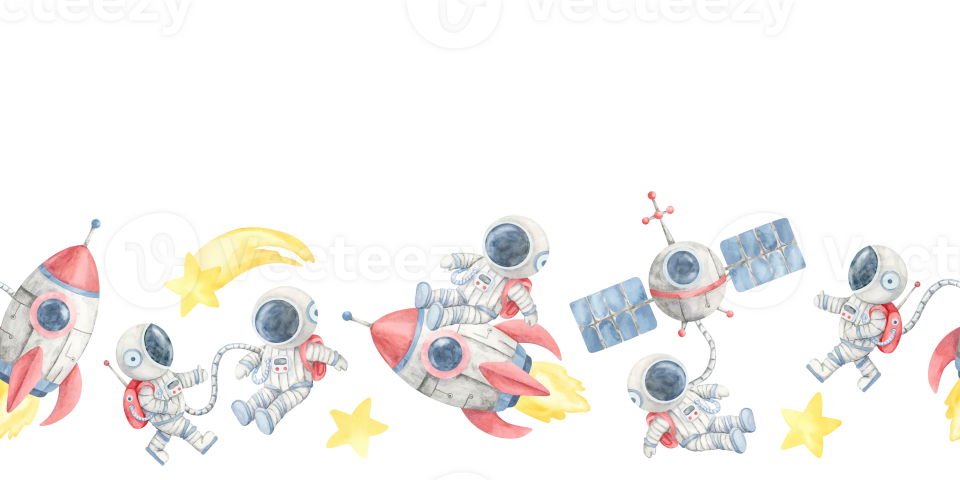 Space explorers, yellow comets, stars, red rockets, and gray satellites in a seamless border watercolor clipart. Use it for printable bookmarks, outer space banners, or nursery design elements png