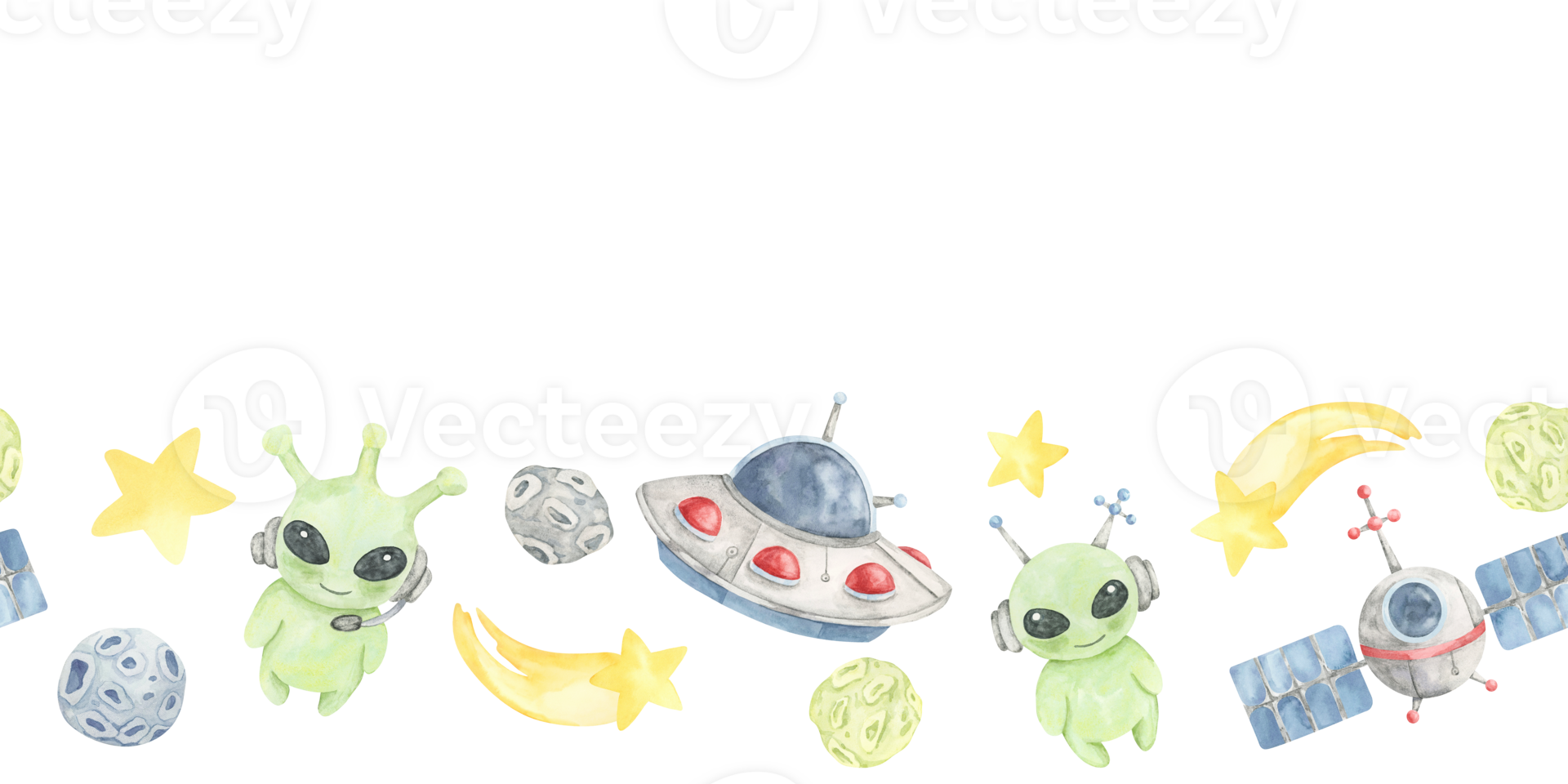 Red and blue UFOs, green aliens, yellow stars, and planets in seamless border watercolor clipart. Ideal for kids crafts, greeting cards, party printables, or scrapbook layouts with space themes png