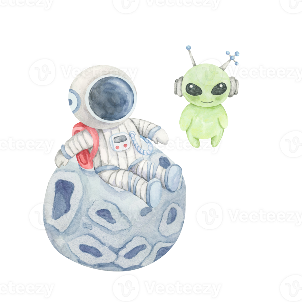 Seated astronaut in white-blue suit on cratered blue asteroid beside green alien in this watercolor illustration. Space clipart. Designed for storybook scenes, cardmaking, or science kits png