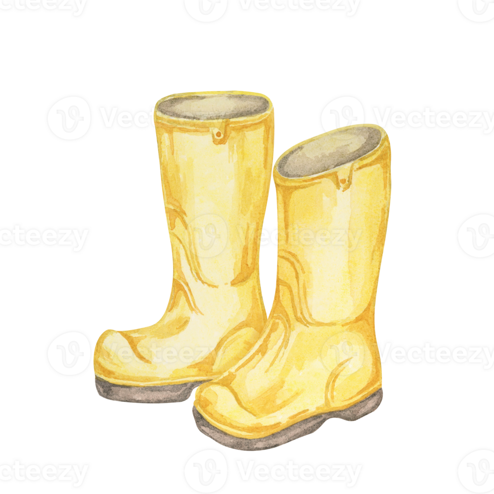 Yellow rubber boots illustration. Gardening shoes, farmer footwear for spring or autumn. Watercolor clipart for gardening merchandise, crafting projects, themed party invitations, or scrapbooking kits png