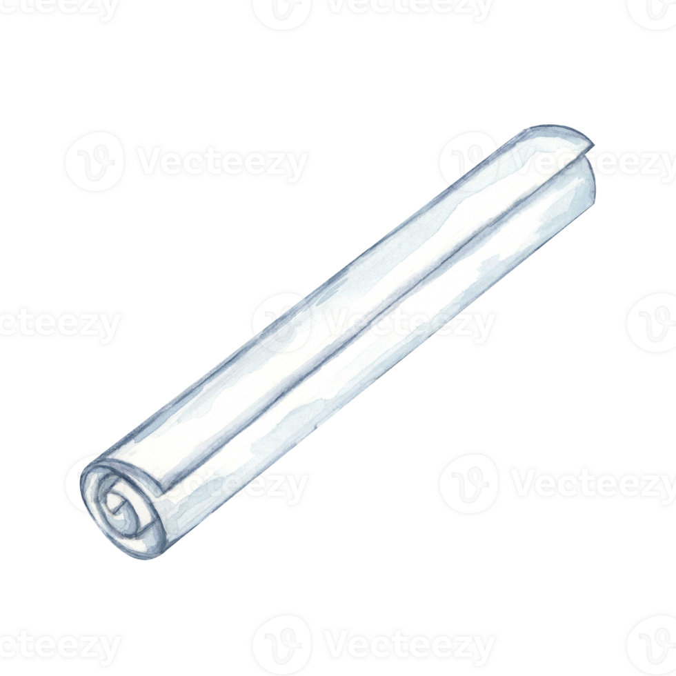 Single rolled blueprint or paper scroll in light gray-blue watercolor clipart. Useful in architectural designs, construction graphics, or for decorating engineering project presentations png