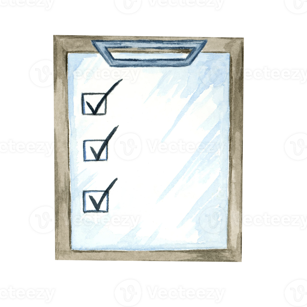 Checklist with wooden frame and three black check marks painted in watercolor illustration style. Ideal for productivity-themed printables, business icons, or project planning templates png