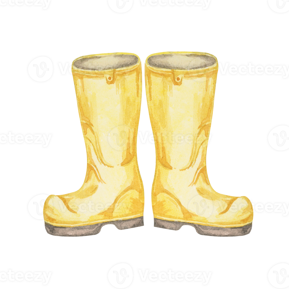 Bright Yellow rubber boots. Gardening shoes, farmer footwear for spring or autumn. Watercolor clipart, ideal for invitations, stickers, gardening-themed prints, or eco-friendly packaging designs png