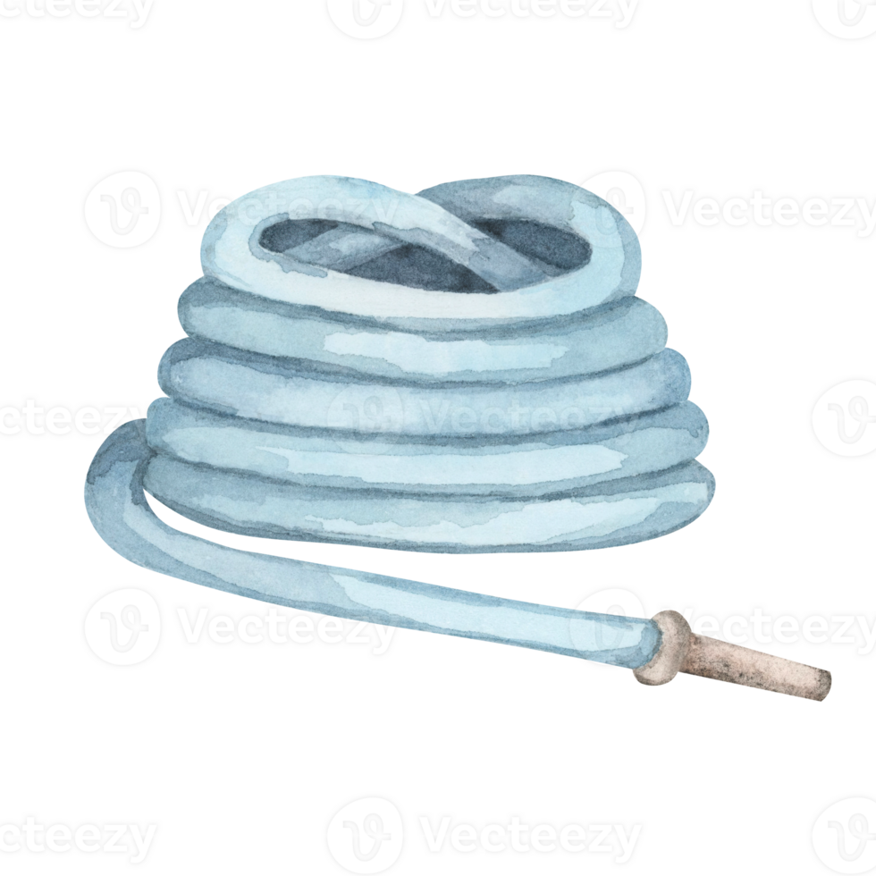 Blue water hose with metal nose. Plastic or rubber tube for lawn watering, gardening accessory. Watercolor isolated clipart for farmhouse designs, garden works flyers and stickers, DYI cards png