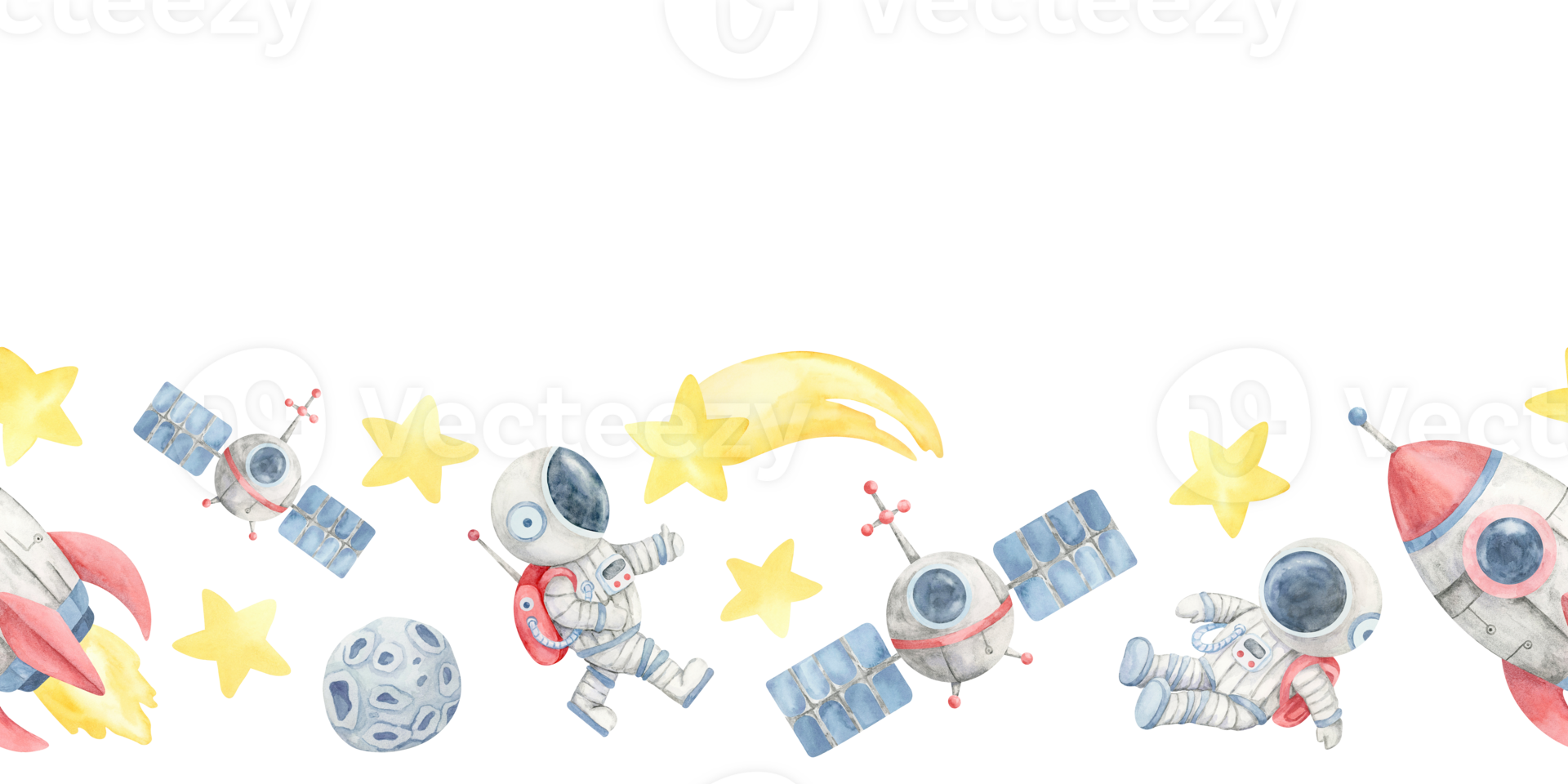 Red rockets, satellites, stars, comets and astronauts in gray spacesuits compose this space seamless border watercolor clipart. Great for invitation cards, stationery, or childrens product packaging png