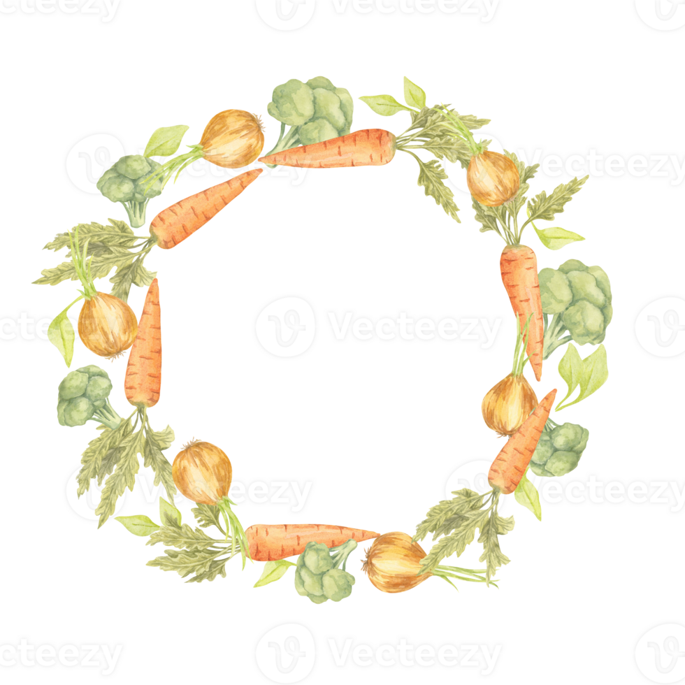 Carrots, onions, and broccoli in green and orange form a circular vegetable wreath in a label template watercolor clipart. Perfect for logos, farm signage, or healthy lifestyle branding png