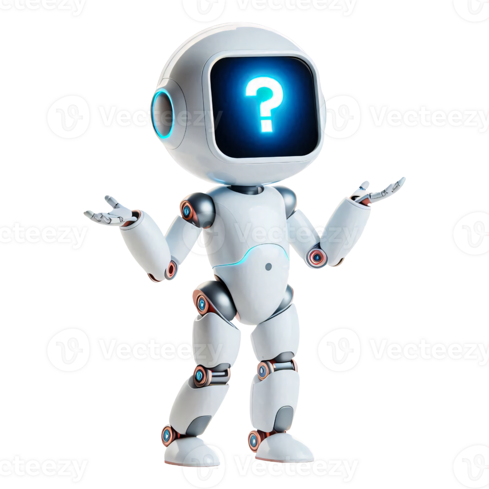 Wondering Robot Character with Question Mark Display, AI Thinking Concept png