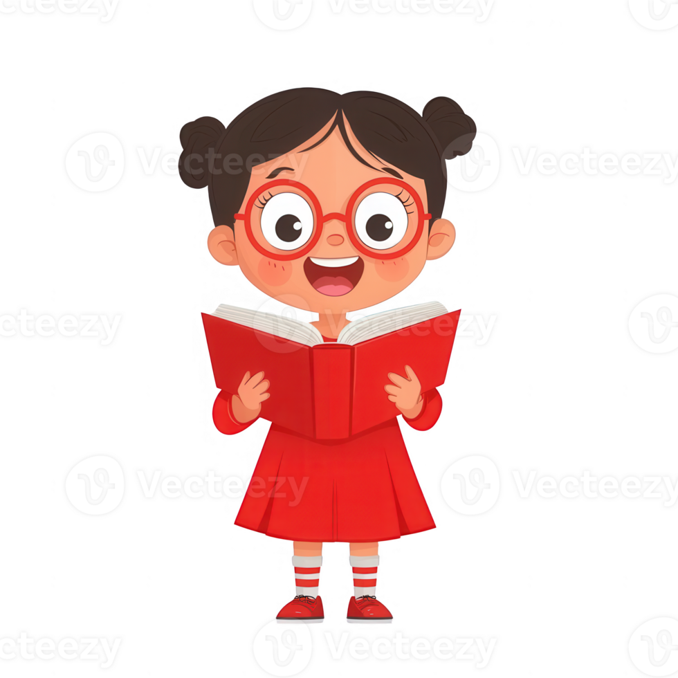A cheerful girl with glasses holding a book, wearing a red dress, showcasing joy in reading. Perfect for educational themes or children's content. png