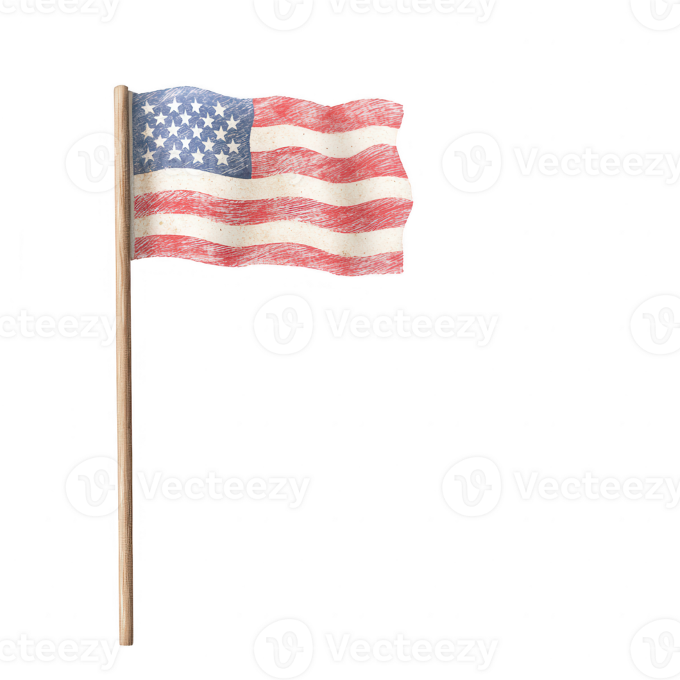 American flag waving elegantly on a pole, symbol of freedom and patriotism, with vibrant colors of red, white, and blue against a transparent background. png