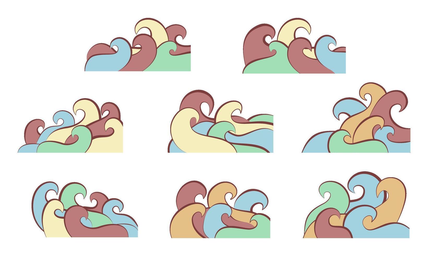 Hand Drawn Colorful Wavy Ocean Shapes Set Illustration vector