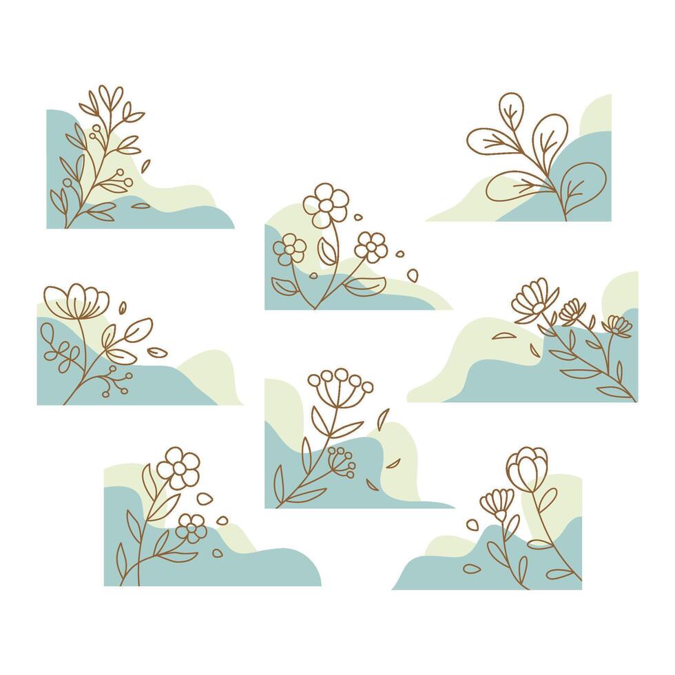 Minimalist Line Art Flower Set with Blue Green Shape Decoration Element vector