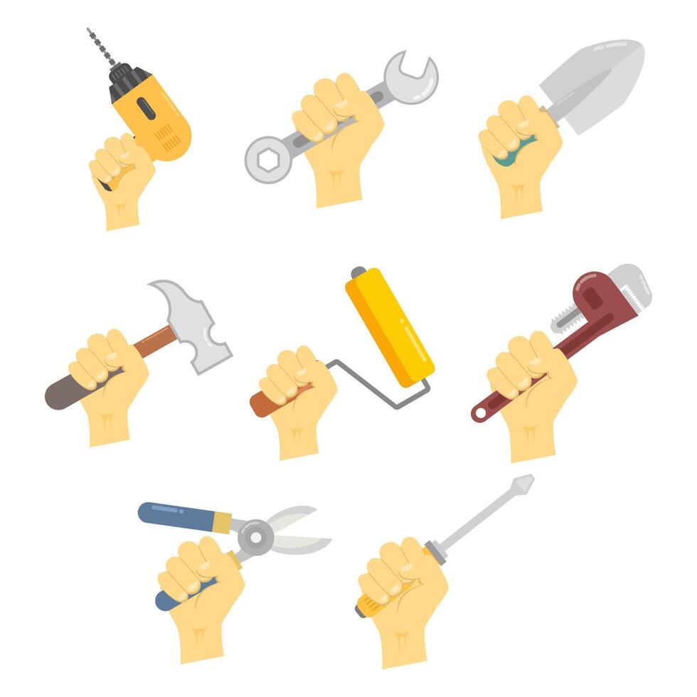 Simple Flat Style Hand Holding Various Tools Collection Illustration vector