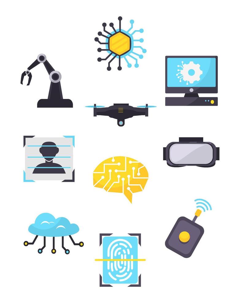 Technology icons including AI, robotics, and VR vector