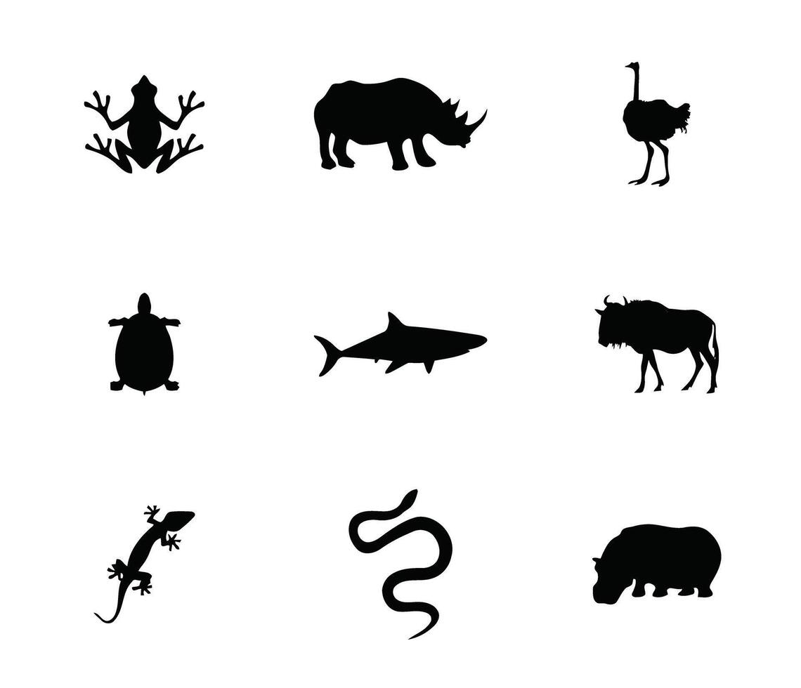 Exploring Wild Animal Silhouettes From Forest Frogs to Ocean Sharks in Striking Contrast Against Simple White Background vector