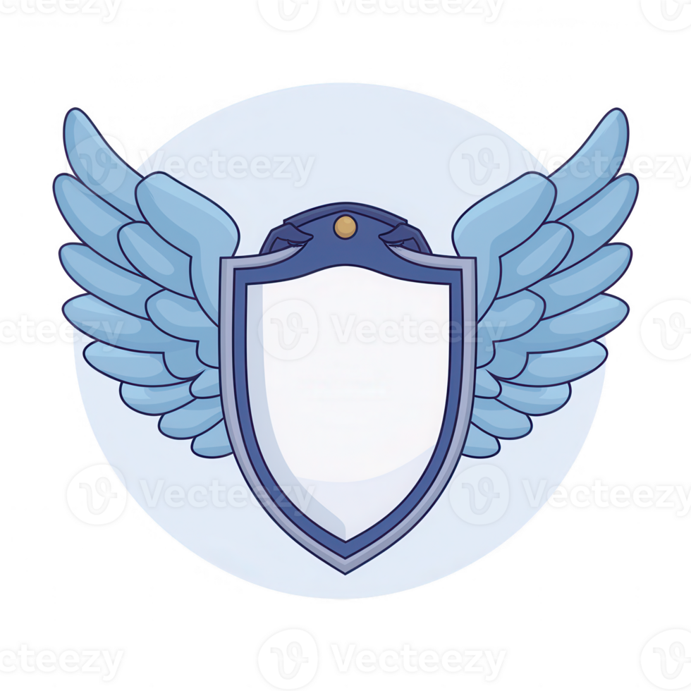 A stylized shield with blue wings, featuring a blank center for customization. Suitable for logos, graphics, or branding on a soft blue circular background. png