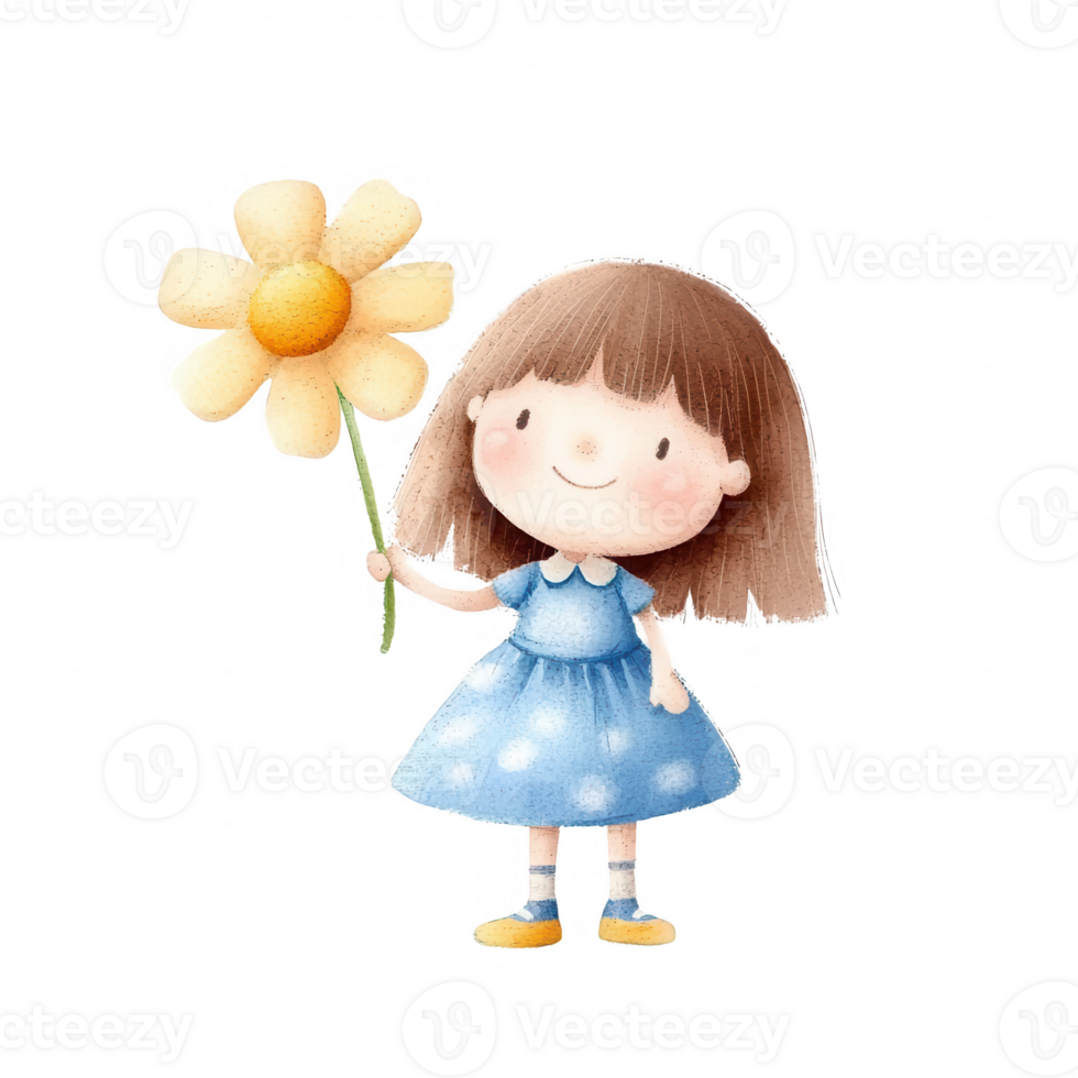 A cheerful girl in a blue dress holding a bright flower, evoking feelings of happiness and innocence. Whimsical and playful, perfect for children's themes. png