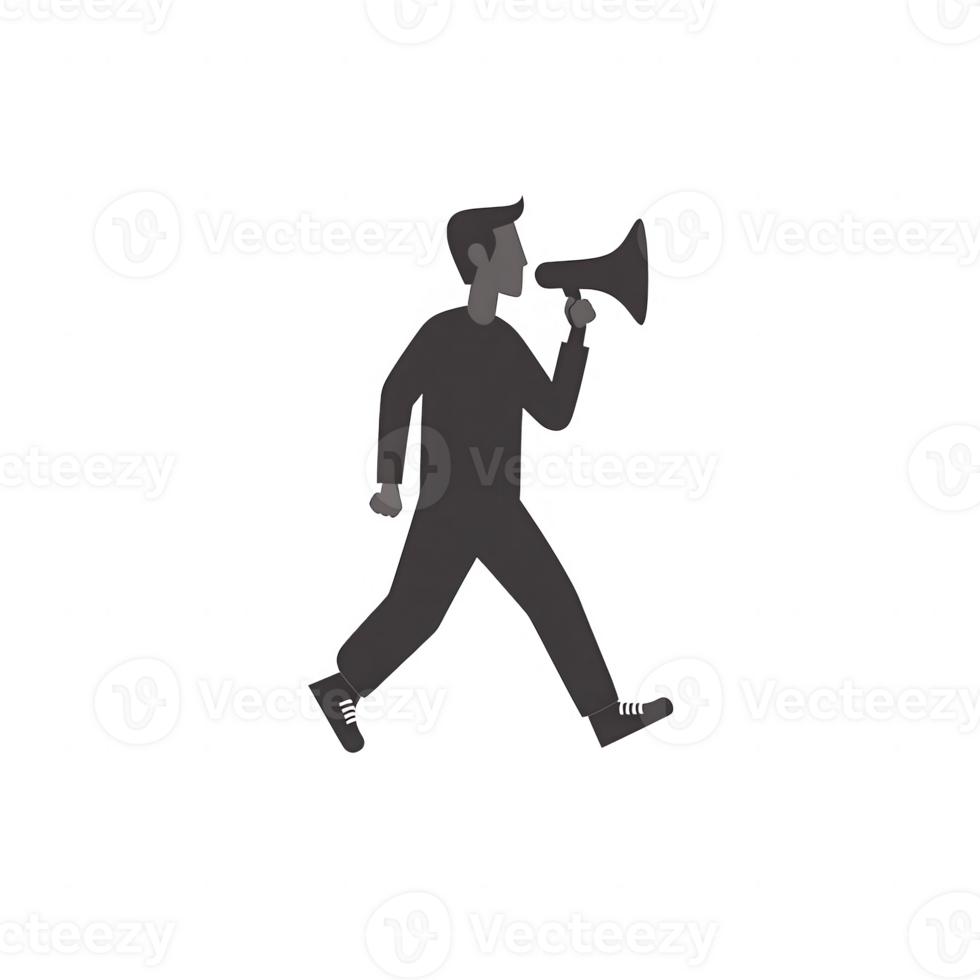 A silhouette of a person walking while holding a megaphone, symbolizing communication and engagement. Ideal for campaigns or social initiatives. png