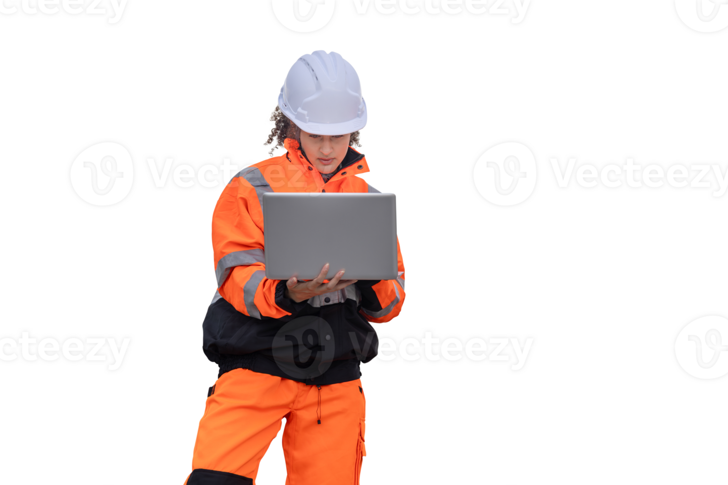 Female Engineer in Safety Gear Working on Laptop, Construction Worker Reviewing Plans on Portable Computer, Focused Woman in Hi-Vis Jacket Using a Laptop png