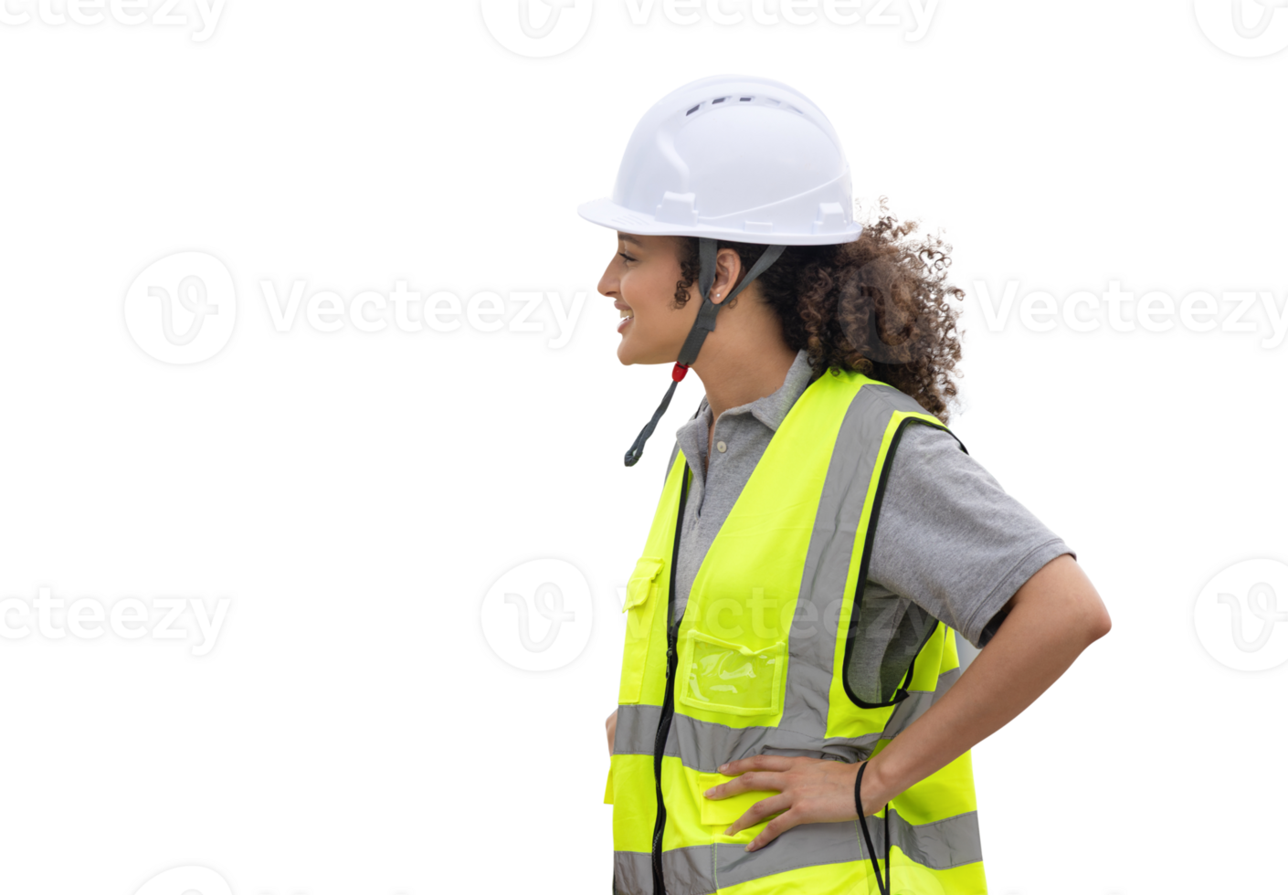 Smiling Female Engineer or Construction Worker in Hard Hat and Safety Vest, Happy Young Woman in Safety Gear, Woman on Job Site Looking Forward png