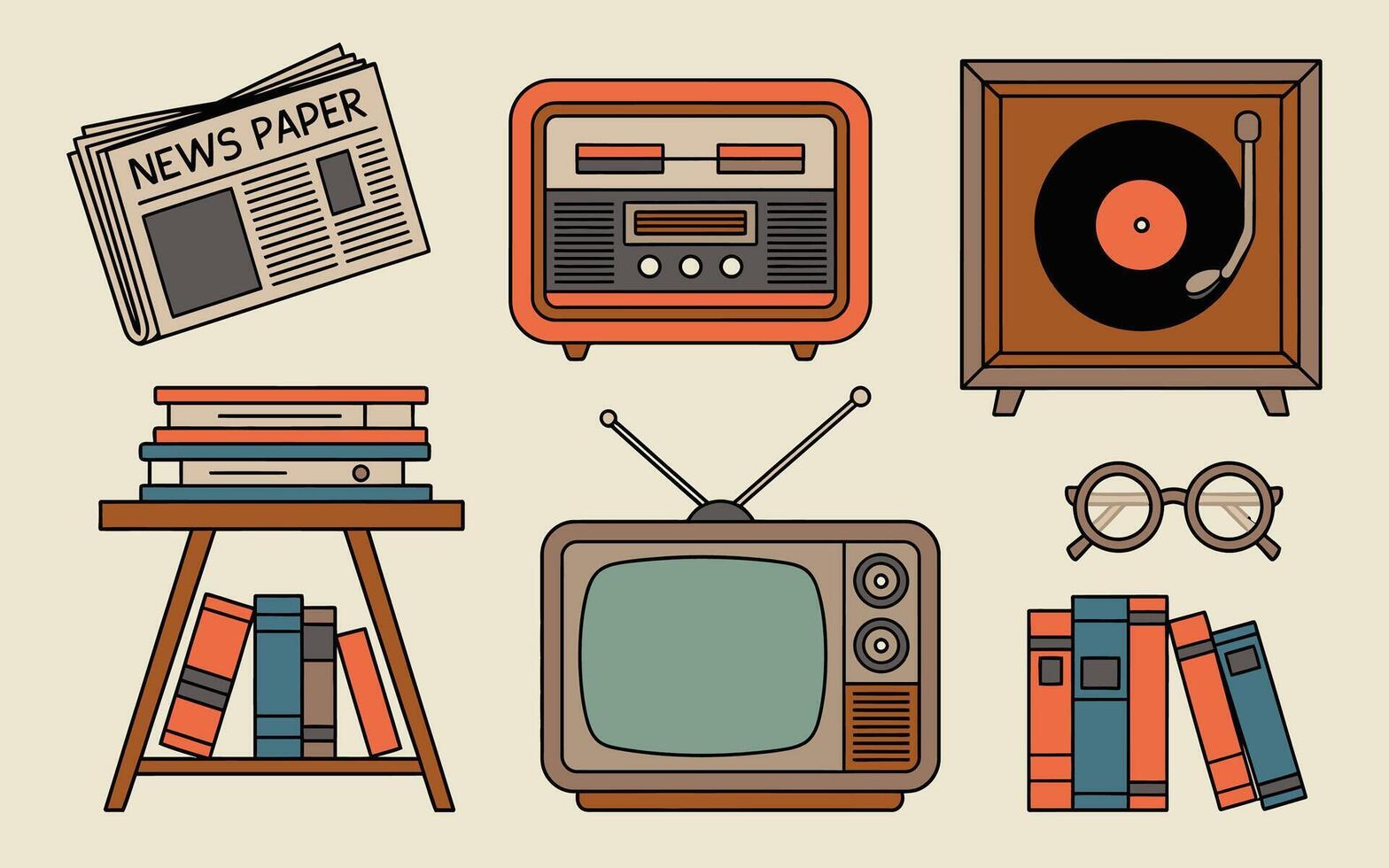 Collection of vintage media and reading elements illustrating retro entertainment and knowledge in a simple style. vector