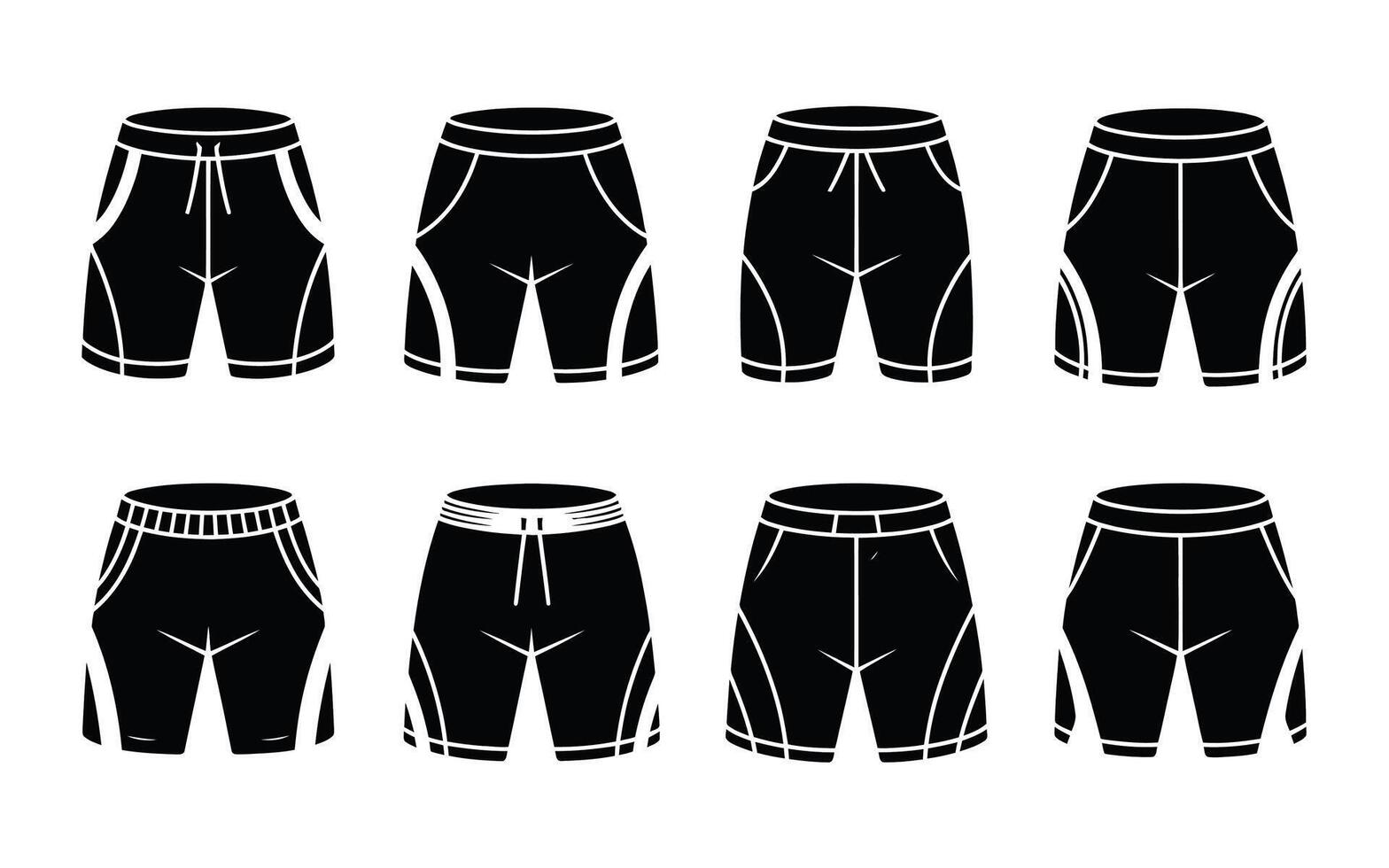 Collection of stylish black shorts designs illustrations for various athletic and casual apparel purposes vector