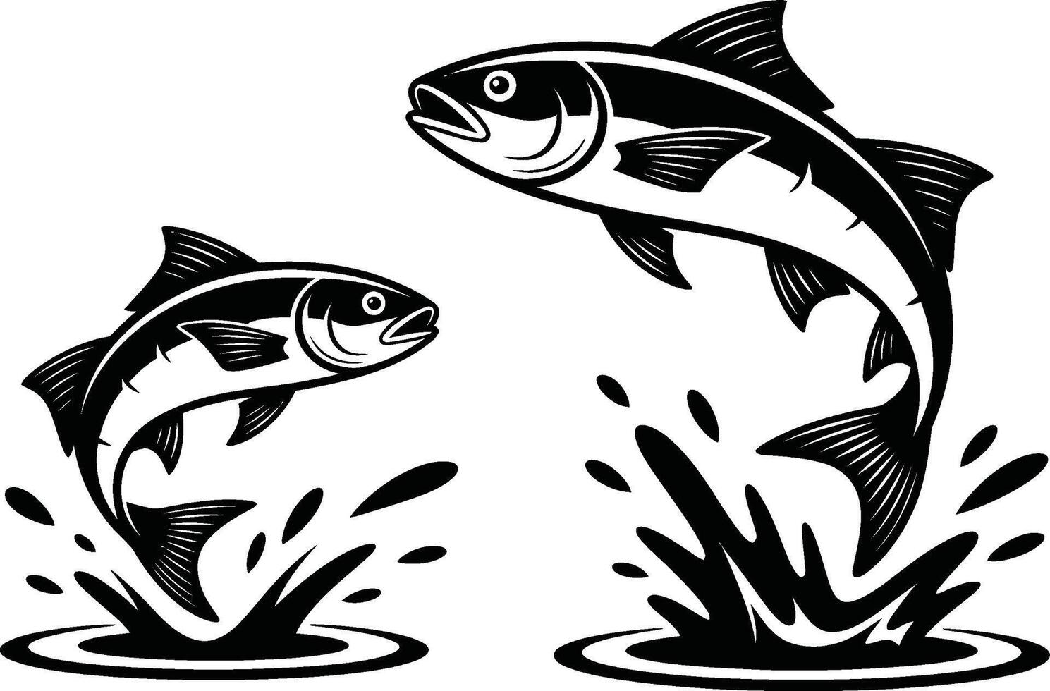 Two fish jumping out of water in a minimalist black and white artistic illustration vector