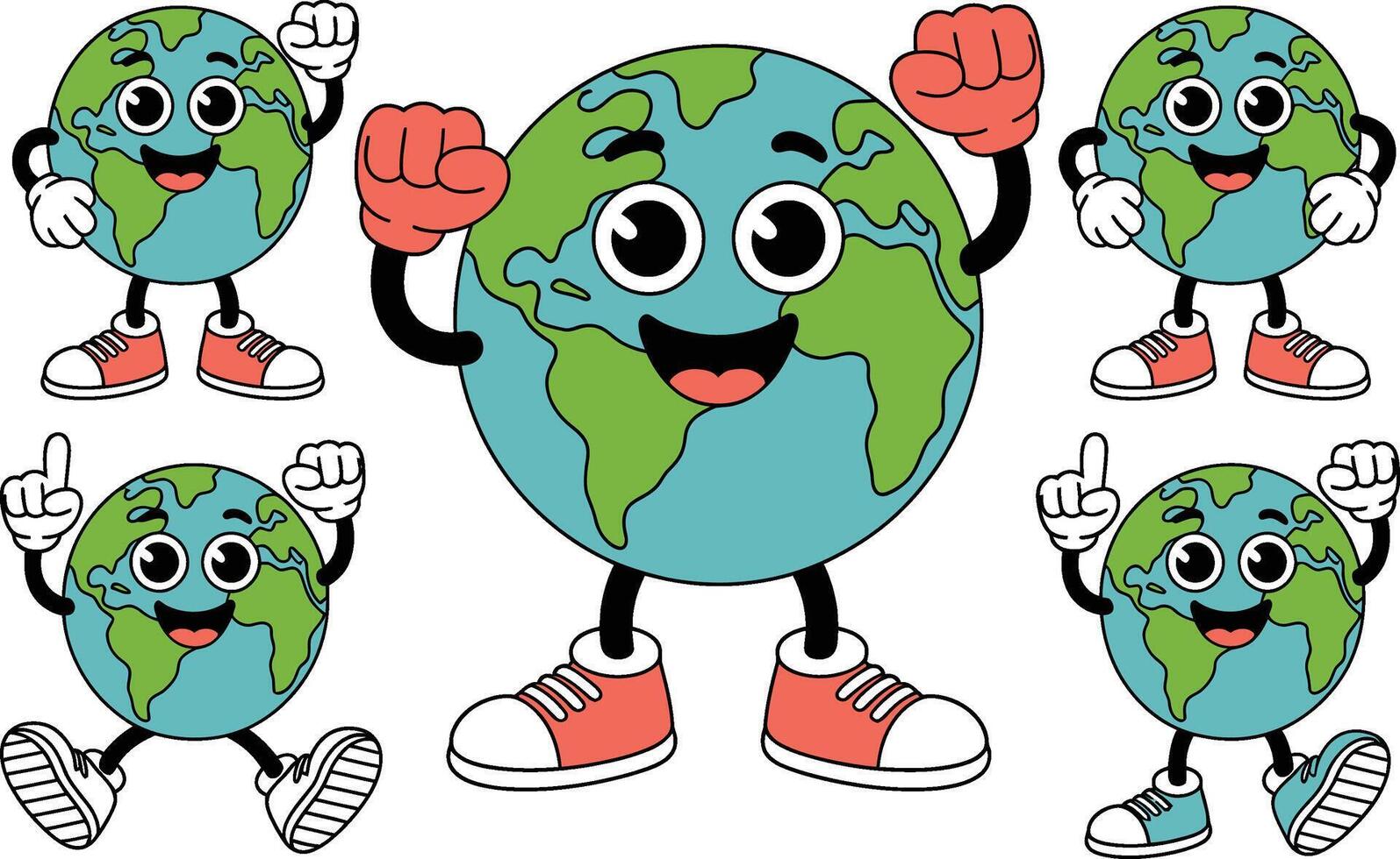 Cheerful animated earth character in various poses with cartoon style showing happiness and joy vector