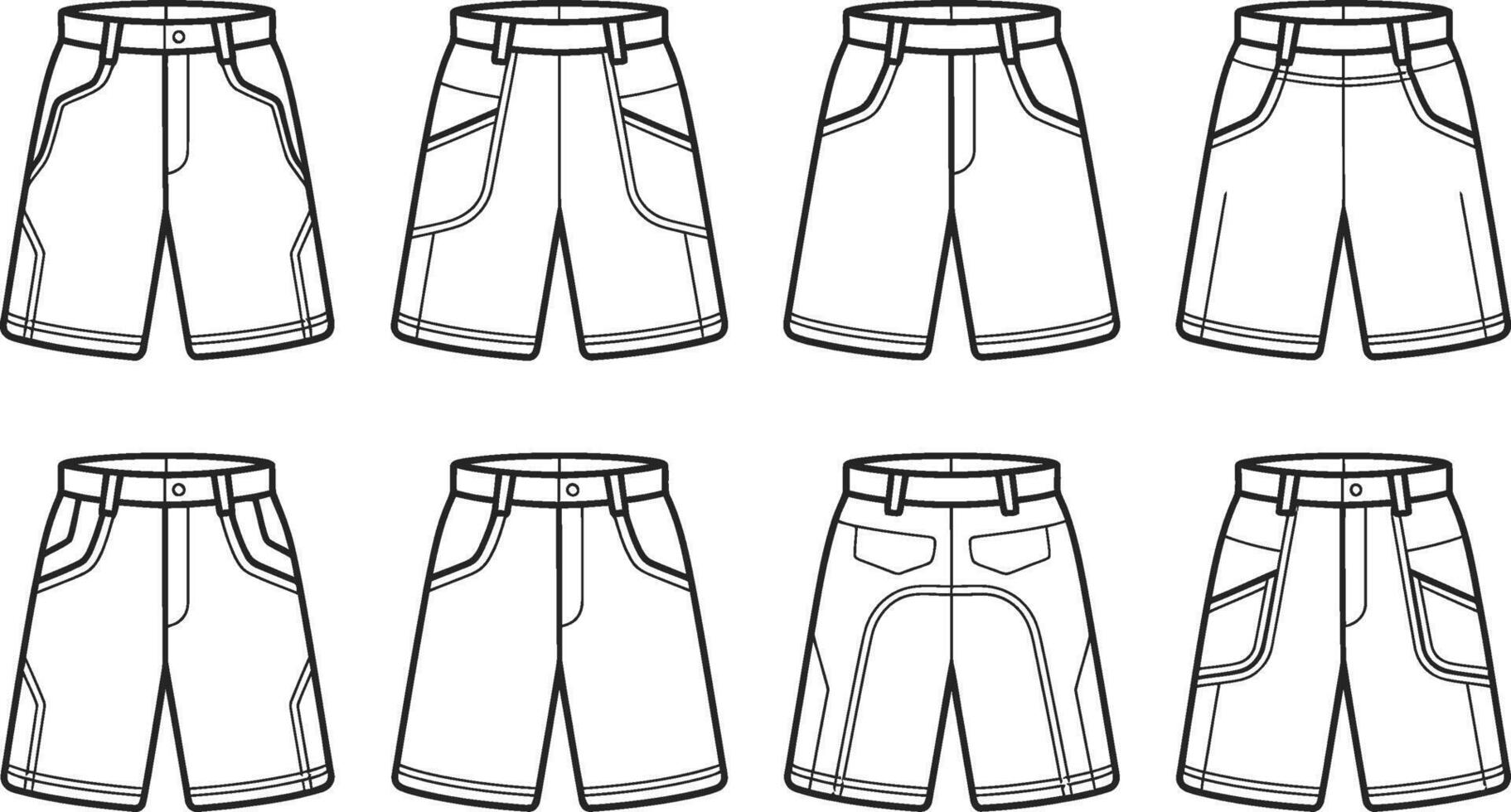 illustration of eight different style black and white shorts designs for casual clothing and summer wear. vector