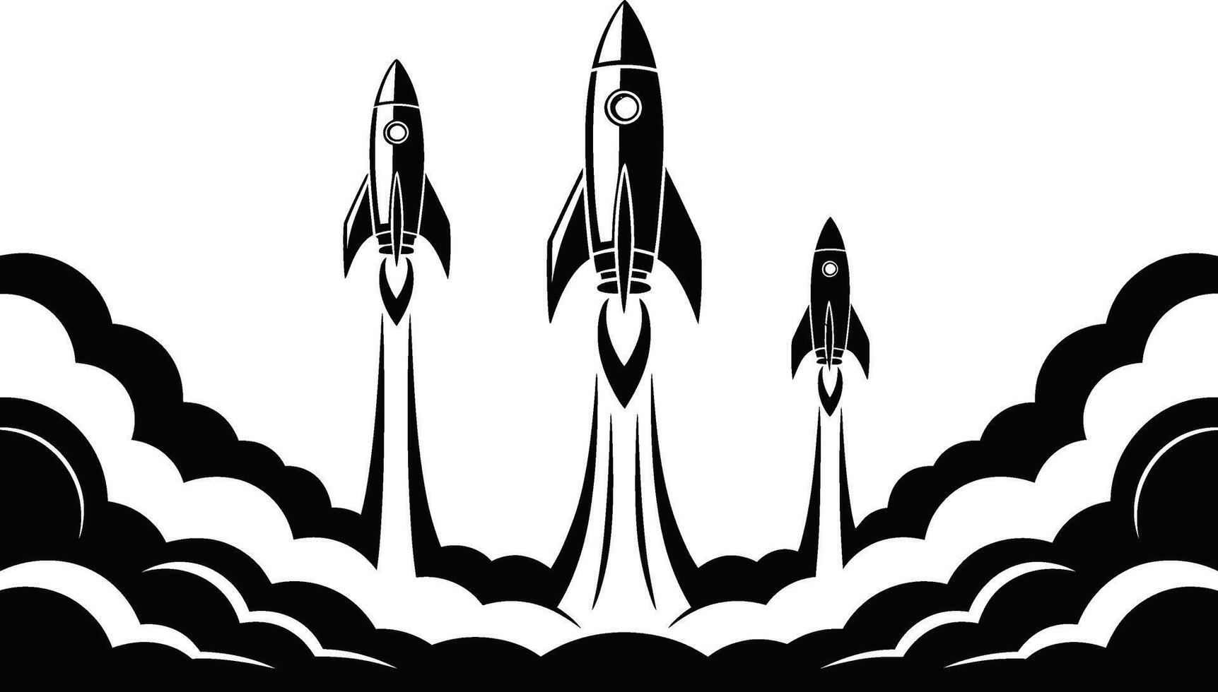 Silhouette depiction of three rockets launching into the sky leaving trails of smoke representing space exploration and advancement. vector