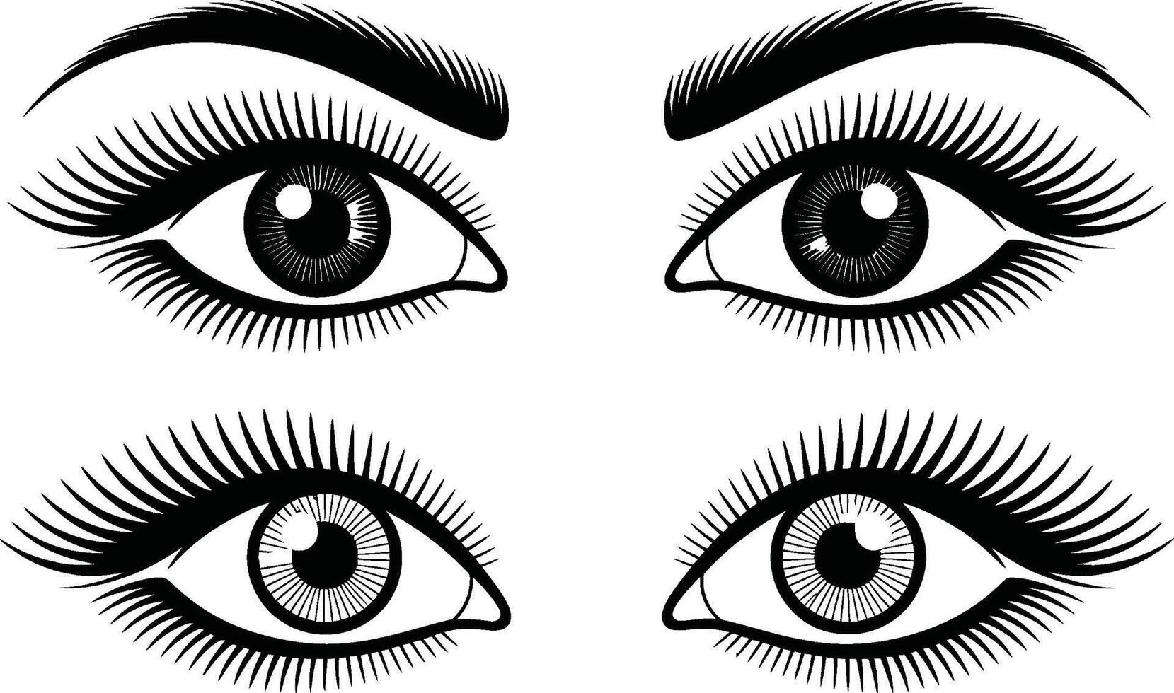 Artistic illustration depicting four eyes with long eyelashes and detailed eyebrows in a graphic black and white style vector