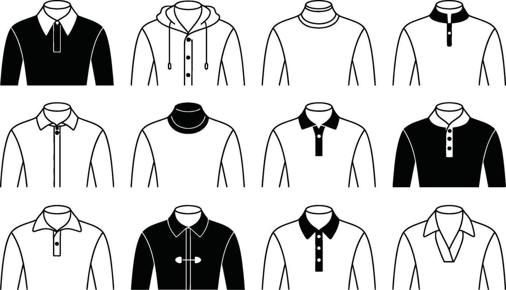 illustration of various men's shirt styles and necklines in black and white outlines vector
